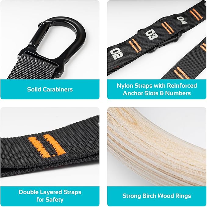 Vulken Wooden Gymnastic Rings with Adjustable Numbered Straps. 1.1'' Olympic Rings for Core Workout and Bodyweight Training. Home Gym Rings 1600lbs with Workout Handles