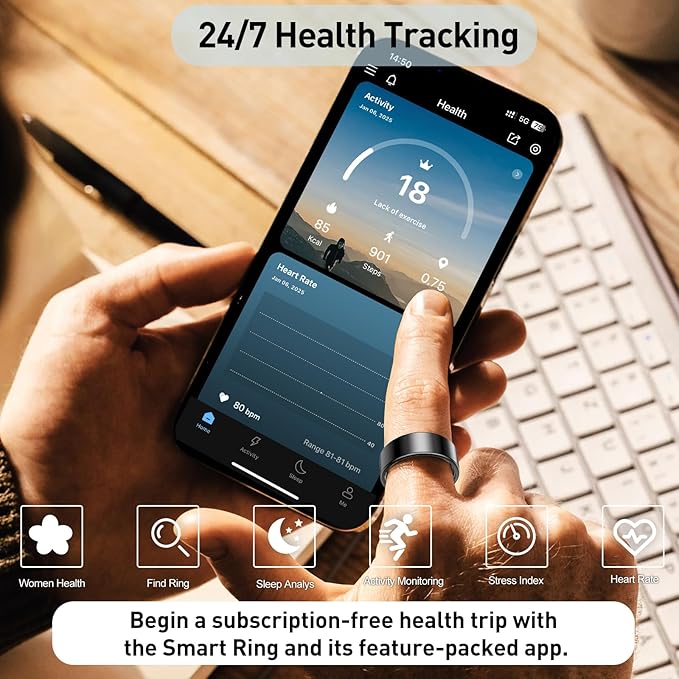 Smart Ring Health Tracker, Sleep&Exercise Monitor Heart Rate,Blood Oxygen,Fitness Trackers for Man&Women -Long Lasting Batteries,Waterproof Sleep Tracking Wearable (Silver, 12)