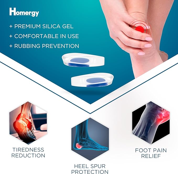 Heel Cups for Achilles Tendonitis & Plantar Fasciitis - 2 Pack Gel Shoe Inserts for Heel Pain Relief, Arch Support, for Women & Men