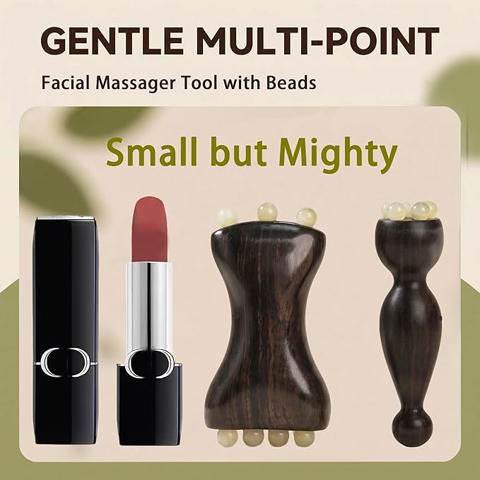 2 PCS Red Sandalwood Face Massage Roller with Beads, Double Head Facial Massage Tool & Acupressure Massage Stick for Face, Jawline & Eye Area, Natural Wooden Skincare Beauty Tool for Contour & Lifting