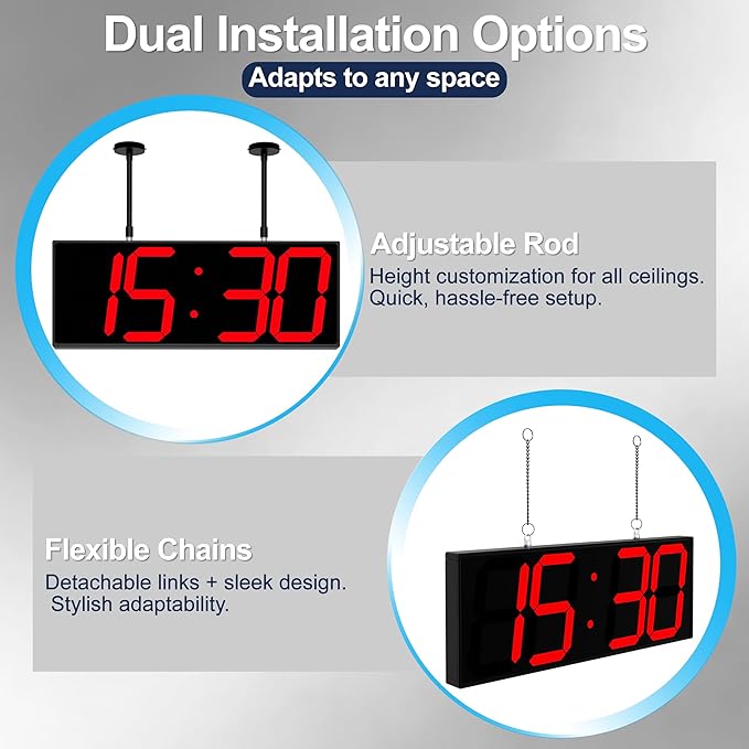 CHKOSDA 19" Double Sided Digital Wall Clock Large, Remote Controlled LED Dual Face Clock with Red Digits, 16 Alarms & Timer, Heat-Resistant Frame for Warehouse, Factory, Garage, AC Powered.