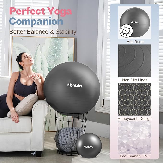 kisnbld Exercise Ball, Extra Thick Yoga Ball for Workout Pregnancy Stability, 4 Sizes Anti-Burst Balance Ball with Foot Pump - Heavy Duty Fitness Ball Chair for Office, Home & Gym