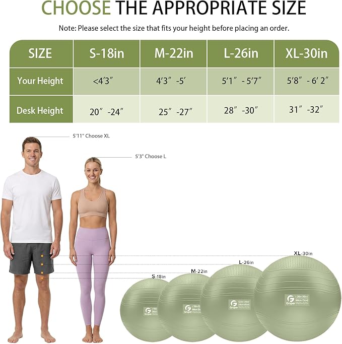 Gruper Yoga Ball, Extra Thick Non Slip Exercise Ball for Workout, Birthing, Balance, Stability, Pregnancy, 4 Sizes Anti Burst Chair for Home and Office, Includes Quick Pump & Fitness Guide