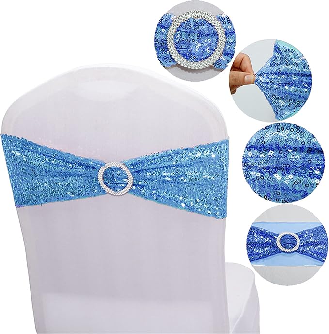 50 PCS Stretch Sequin Chair Sashes Chair Stretchy Spandex Bands for Wedding Reception Events Banquets Chairs Decoration (Turquoise)