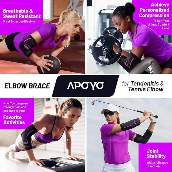 APOYO Elbow Brace for Tendonitis and Tennis Elbow, Elbow Compression Sleeve, Elbow Brace for Women and Men w/ Adjustable Strap for Tennis Elbow Relief, Weightlifting, Arthritis, Workouts, Reduce Joint Pain During Fitness Activity (Purple (Pair), Small)