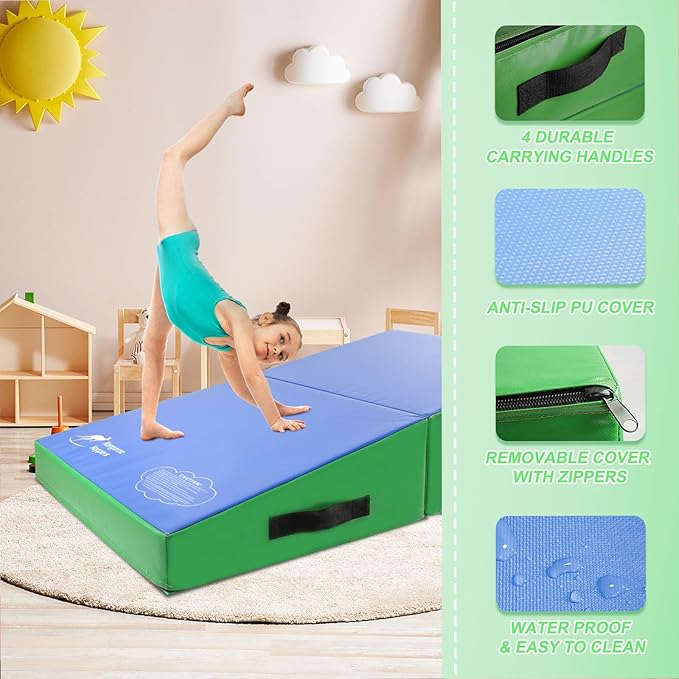 Kangaroo Hoppers Incline Gymnastics Mat, 56"x28"x15" Folding Wedge for Kids Tumbling, Skill Training, Multiple Colors Cheese Mat for Gymnastics, Home Gym Exercise