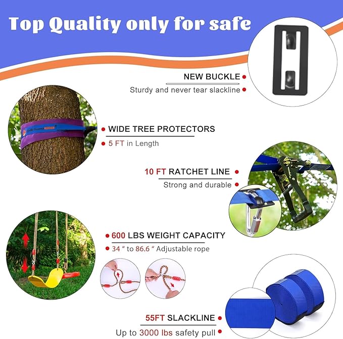 Ninja Warrior Obstacle Course for Kids Backyard-65ft Slackline Kit with 13 Obstacles, Upgraded Quick-Install Buckles No Threading, Install Anywhere, 900lbs Capacity, Easy Setup Backyard Playground Set