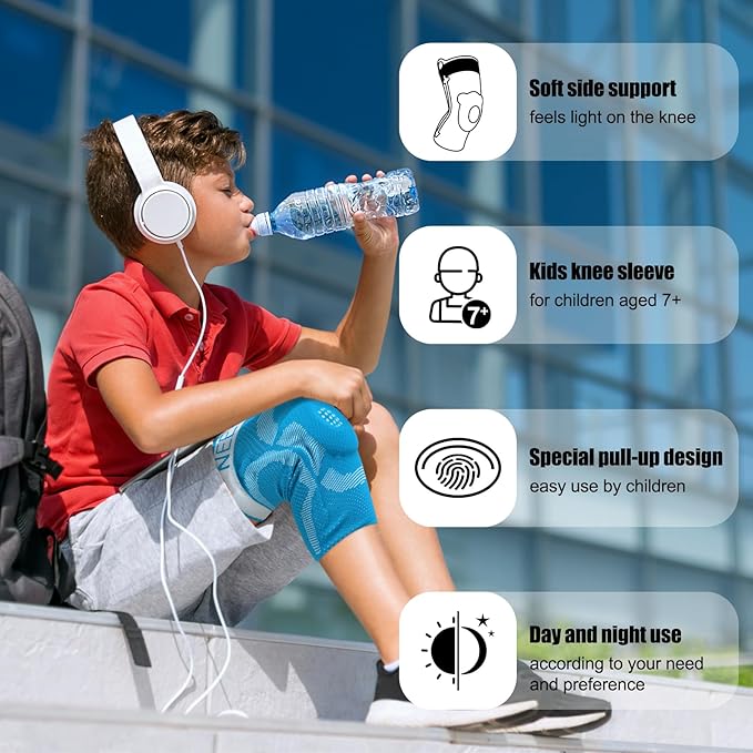 NEENCA Kids Knee Brace Sleeve, Youth Knee Compression Sleeve for Children - Boys & Girls. Child Knee Support with Patella Gel Pad & Side Stabilizers for Knee Pain, Sports, Outdoor -Blue