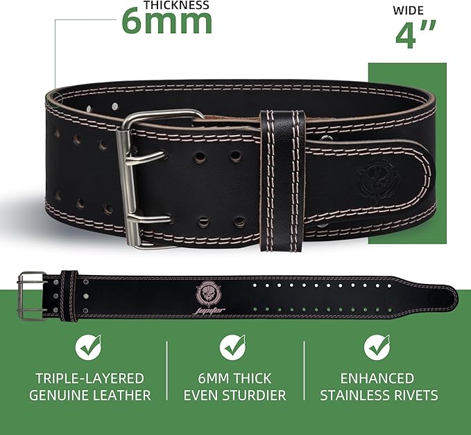 Weight lifting Belt (6mm Thick) - Genuine leather, offering back support. Double-pronged buckle, ideal for weightlifting, powerlifting, squats and deadlifts