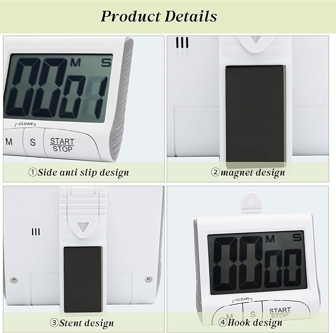 Large LCD Display Kitchen Timer -Magnetic Digital Timers,Loud Alarm,Memory and Fast Forward Function,Cooking Timers for Kitchen,Gym, Meeting, Classroom,Study,Work,Outdoor Activities(White)