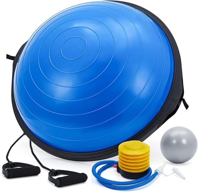 23/25In Half Balance Ball with Non-Slip Base, 1600Lb Capacity Stability Trainer for Core Workout, Includes Resistance Bands, Pump, and Bonus Ball, for Home Gym Stability Workouts