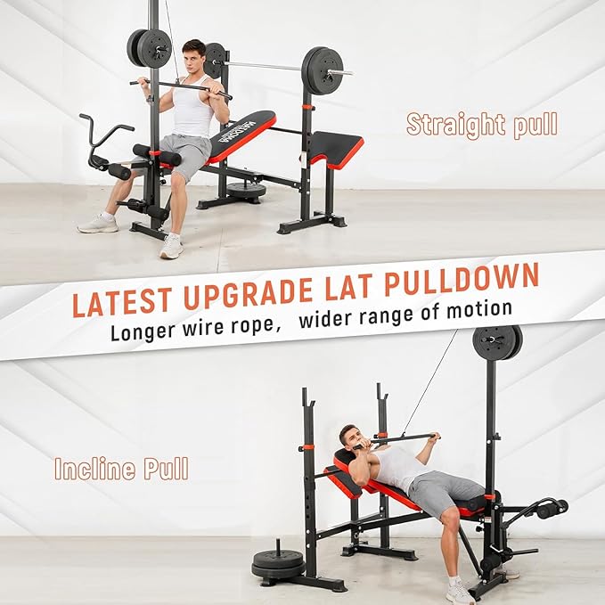 Foldable 1500LBS 8 IN 1 Olympic Weight Bench Set with Squat Rack, Leg Extension/Curl & Preacher Curl, Adjustable Bench Press Set with Safety Bar Catches for Home Gym Full Body Workout