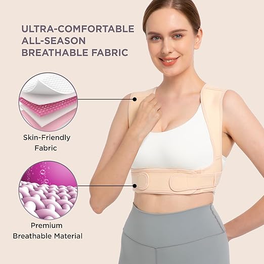 Vicorrect Posture Corrector for Women and Men, Adjustable Upper Back Brace for Clavicle Support and Providing Pain Relief from Neck, Shoulder, and Upper Back (Beige, Small/Medium)