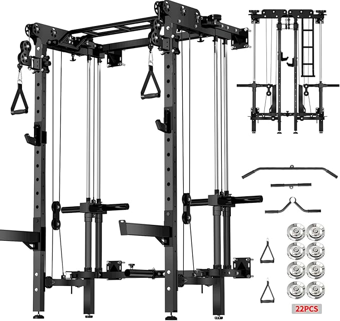JEEKEE Folding Wall Mounted Power Rack with 180LB Weight Stack, 2400LB 2×3 Heavy Duty Squat Rack, Dual Cable Crossover System 1:1 Ratio, Functional Trainer for Home Gym Small Space,Black