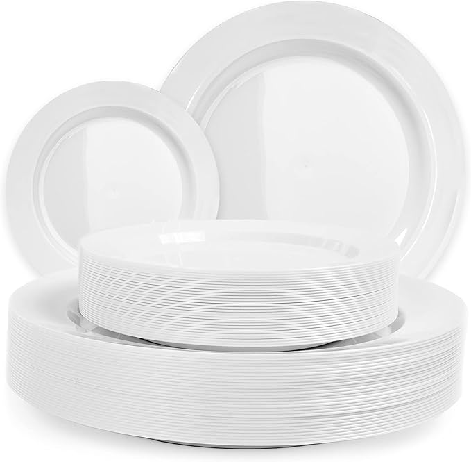 Aya’s 60 Pack Plastic Plates for Party - Heavy Duty Disposable Plate Set with 30 Dinner and 30 Salad Plates - Durable Round White Thanksgiving Plate for Weddings, Holidays, Events, and Gatherings