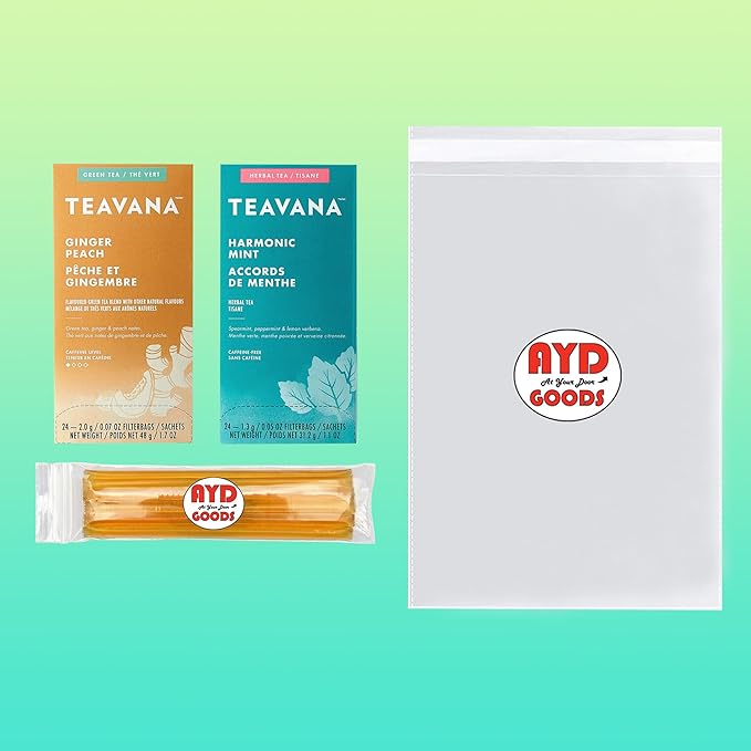AYD Goods Medicine Ball Cold Buster Recipe, 48 teabags of Ginger Peach and Harmonic Mint, Includes 10 Counts of AYD Goods US Grade A Honey Sticks