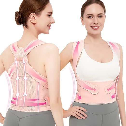 Vicorrect Posture Corrector for Women and Men: Back Support Brace Relieve Upper Back Shoulders Pain (Pink, Large)