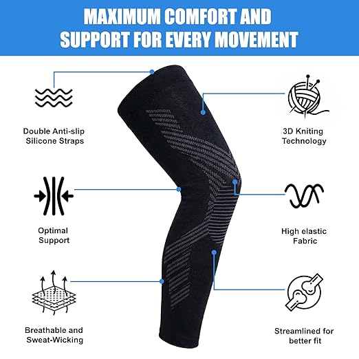 NuCamper Full Leg Compression Sleeves for Men and Women,2 Pack Legs Sleeves Long Knee Brace Support for Running, Basketball, Cycling, Workout, Sports - Black,2XL