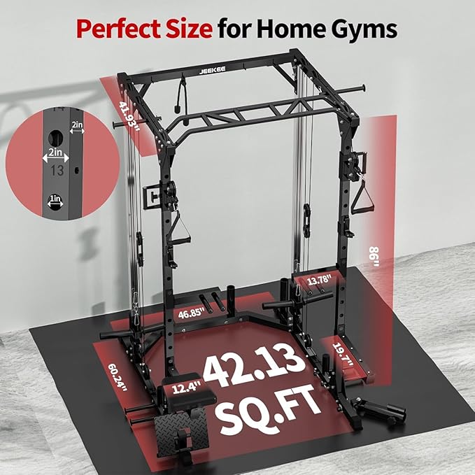 JEEKEE Power Cage with Cable Crossover System, 2000LB Multi-Function Power Rack with Independent Dual Pulleys, LAT Pulldown Seat Cushion, 20+ Attachments Squat Rack for Home Gym Workout,Black