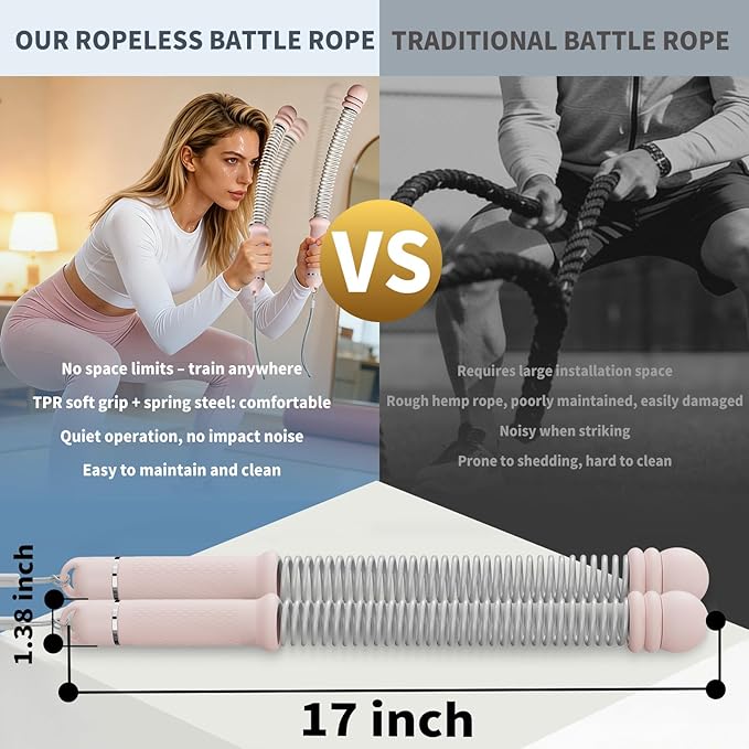 Pinailon Ropeless Battle Ropes, Workout Exercise Rope for Strength Building, Heavy Duty Portable Cordless Battle Ropes for Home Gym, HIIT and Low-Impact Aerobic Training for Men & Women, Pink