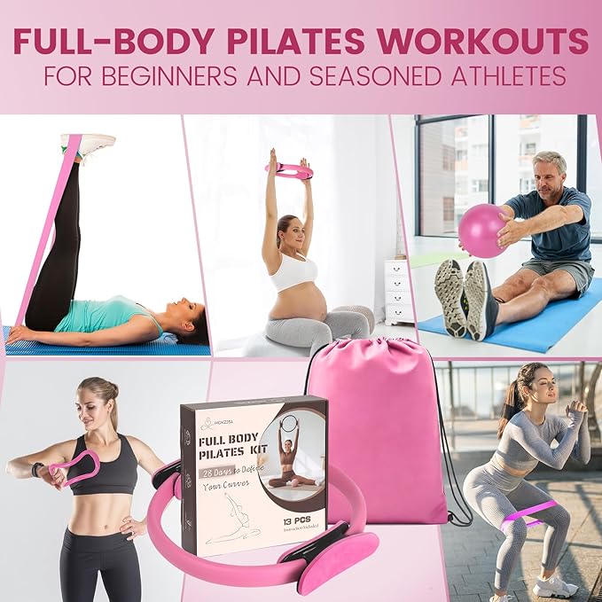 Pilates Kit for Women 13PCS, Pilates Ring and Ball Set with Magic Circle, Resistance Bands Set, Figure 8 Band, Yoga Ring & Grip Socks, Home Workout Equipment Essentials Starter Kit for Beginners