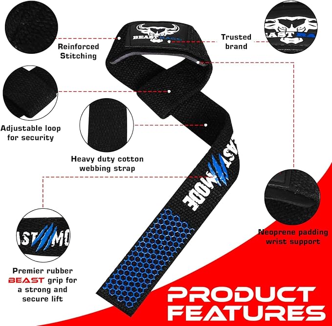 BEAST RAGE Lifting Wrist Straps for Weightlifting, Straps Gym Grip Power Workouts Lifting Straps Padded Cotton Men Women Wrap Lift, Deadlift Bodybuilding Weight Lifting Exercise Straps