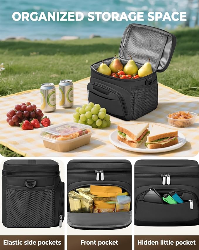 Lunch Boxs for Women/men Insulated Lunch bag,Leakproof Lunchbox with Adjustable Shoulder Strap for Adults,Soft Cooler Tote Bag for Office Fitness Picnic Beach Travel - Black 12-Can(8L)