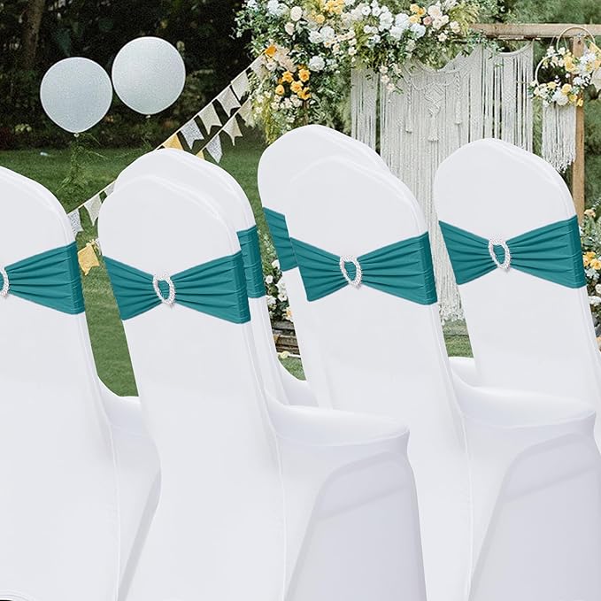 Howhic Pack of 30 Spandex Chair Sashes Bows Stretch Chair Cover Band with Buckle Slider Universal Elastic Chair Ties for Wedding Banquet Party Event Decoration (Turquoise)