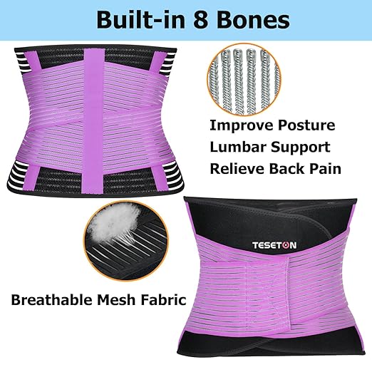 TESETON Back Support Brace Belt for Men & Women, Breathable Lumbar Support Belt, scoliosis back brace, Waist Relax Lower Back Pain & Sciatica Pain Relief with 8 reinforced Bones 02 Purple-XL