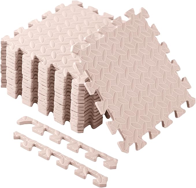 Shihanee Foam Floor Tiles Foam Floor Mats Play Mats Bulk with Borders Interlocking for Bedroom Gym Nursery(11.8 x 11.8 Inch,Beige)