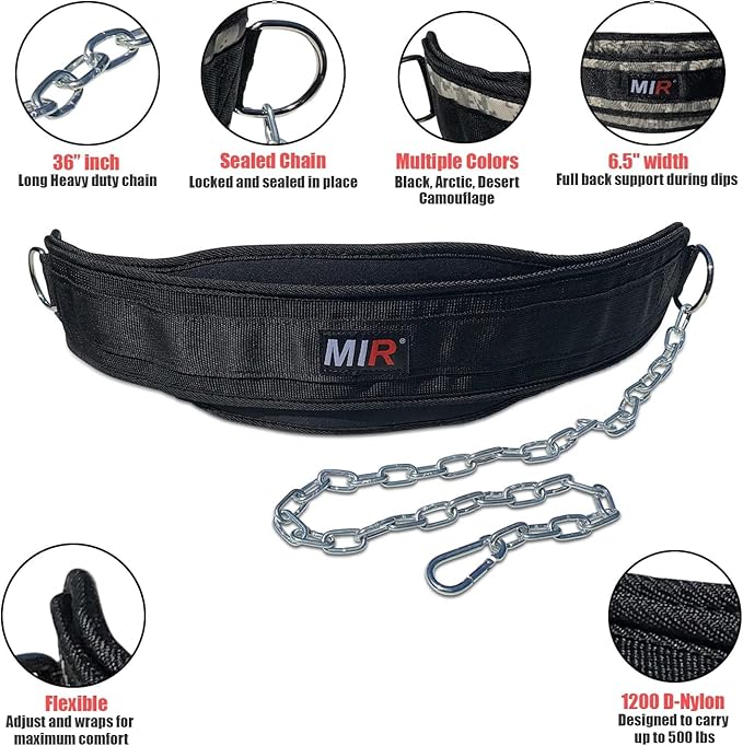 Mir Dip belt With 36" - 38" chain, 500lbs - 650lbs weight capacity, Weight lifting for dips and pullups