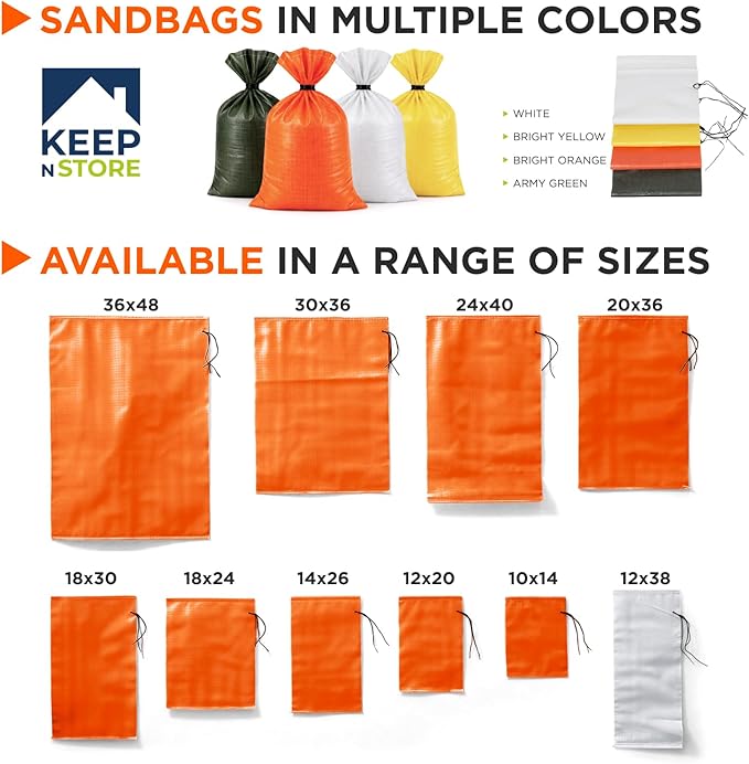 Heavy Duty Sand Bags Pack of 5, Bright Orange Empty Sandbags with Built-In Ties, Woven Polypropylene UV Protection 1600 Hours, Fillable Bags for Flood Control, Weight, 24x40 inches, 125 Pounds Volume