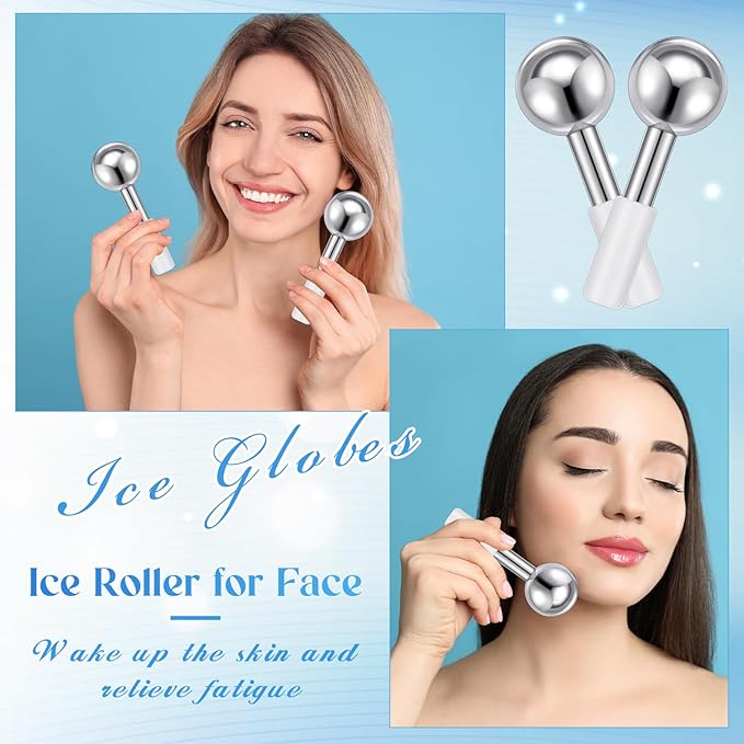 Baderke 2 Pcs Ice Globes for Face Stainless Steel Cooling Globes Unbreakable Cooling Roller Women Ice Balls Cryo Sticks Facials Skin Care for Dark Circles, Puffiness(Silver (White Handle))