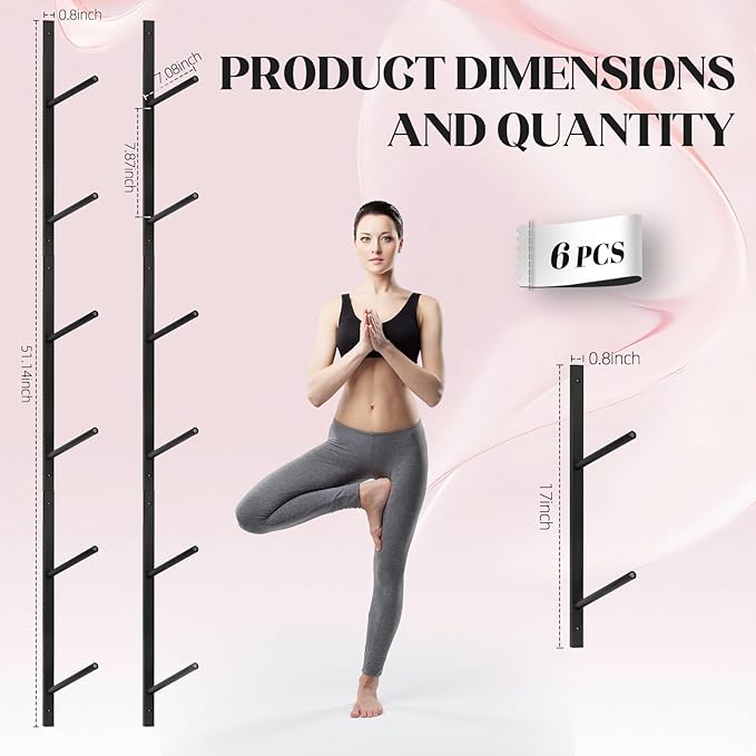 6 Tier Yoga Mat Rack,Yoga Mat Holder Wall Mount,Yoga Mat Storage Rack,Holds 30 lbs for Foam Rollers,Resistance Bands,Home Gym