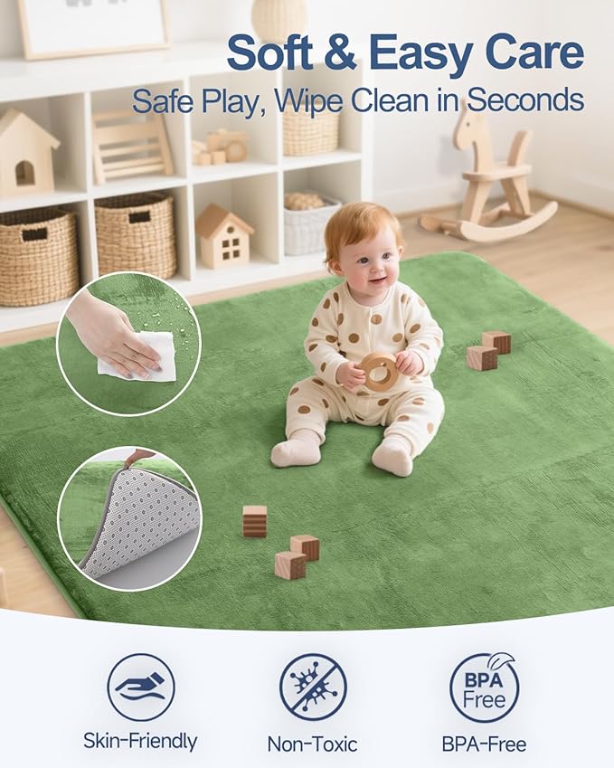 Thick Baby Play Mat for Floor,Padded Foam 50x50 Playpen Mat,Ultra Soft Support&Plush Feel Nursery Rug,Non Slip for Toddler, Infants,Kids Play,Yoga,Baby Crawling,Tummy Time(Green)