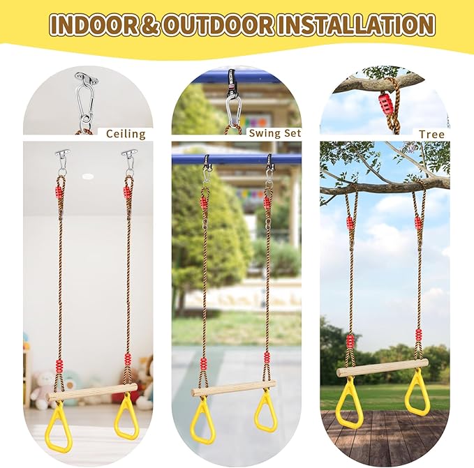 LadyRosian Wooden Trapeze Swing Bar, Adjustable Height Swing Set, Gym Rings, Playground Attachments, 16.5" Monkey Bar for Backyard, Playground, Playroom