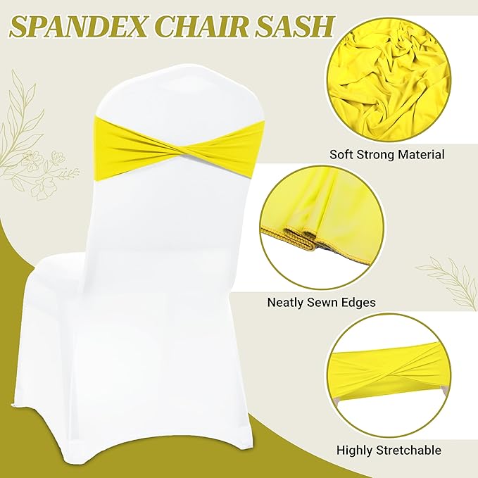 MDS Pack of 75 Spandex Chair Sashes Bows Elastic Stretch Dining Chair Bands Ties Without Slider Buckle Universal fits for Wedding Baby Shower Birthday Party Banquet Event Decoration - Yellow