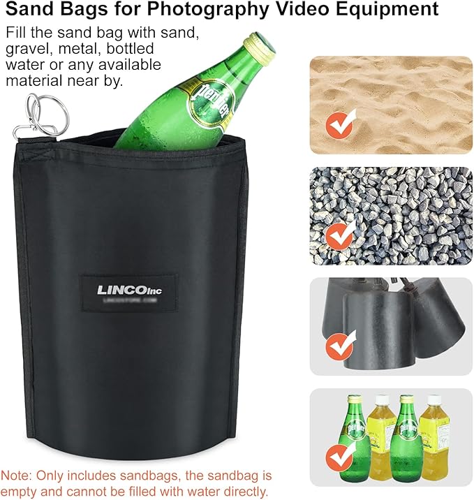 LINCO Sandbag Photography Weight Bag 4pcs with Hook Up and Metal Rings (Black)