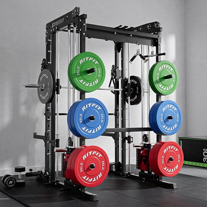 RitFit M1 Pro Smith Machine Package, All-in-One Power Cage with Weight Stack Set, Includes LAT Pulldown & Cable Crossover System for Home Gym