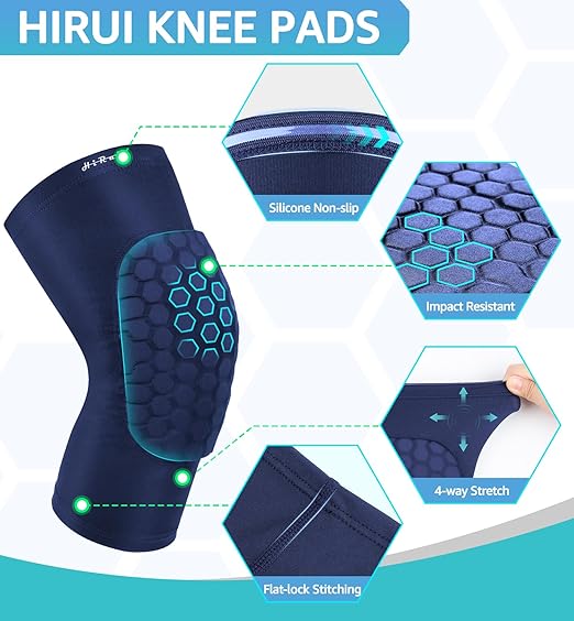 HiRui Knee Pads for Kids Youth Adult, Basketball Baseball Knee Brace Knee Support, Collision Avoidance Kneepad Compression Knee Sleeve for Volleyball Football Cycling Running-1Pair (Navy Blue, XL)