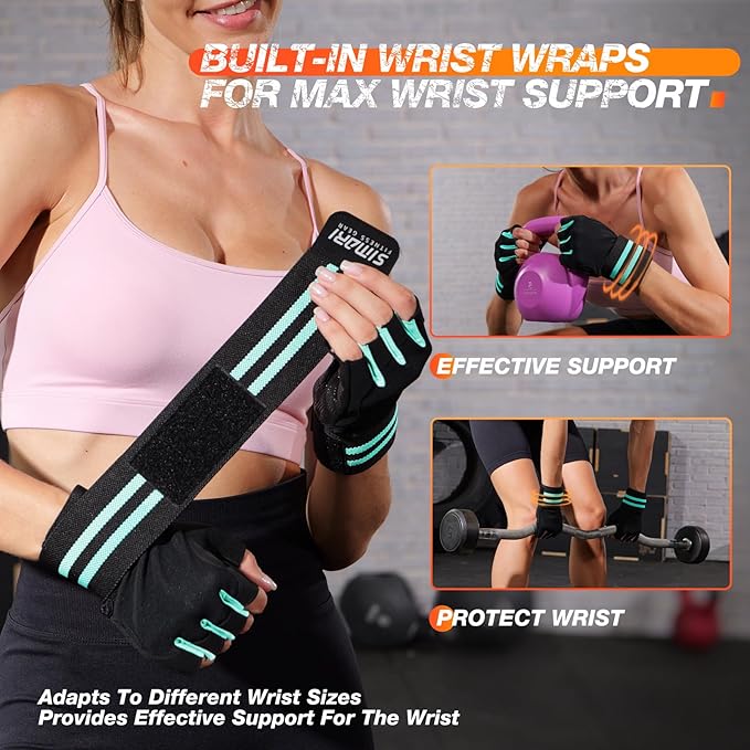 SIMARI Workout Gym Gloves for Men Women, Weight Lifting Gloves with Wrist Wrap Support, SBR Pad Grip for Full Palm Protection, for Exercise, Fitness, Dumbbells, Barbell, Climbing, Fingerless