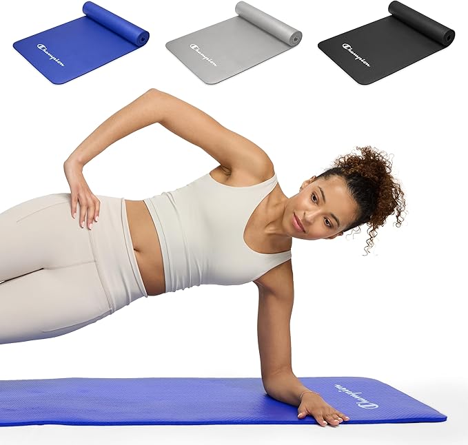 Champion 10mm Exercise Mat, Cushioned Non-Slip Workout Mat with Textured Base for Yoga, Pilates, Stretching & Floor-Based Training, Lightweight NBR Material, Includes Carry-On Strap