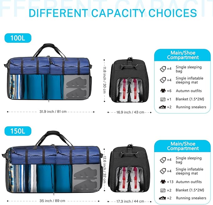 Gonex Large Foldable Travel Duffle Bag with Shoes Compartment, Packable Lightweight Water Repellent Duffel Bag for Camping Gym Weekender Bag