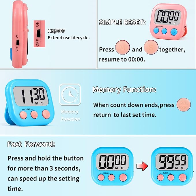 Timer for Kids Teachers Digital Kitchen Timers for Cooking Large Magnetic Classroom Timer 24Pack-Blue Pink