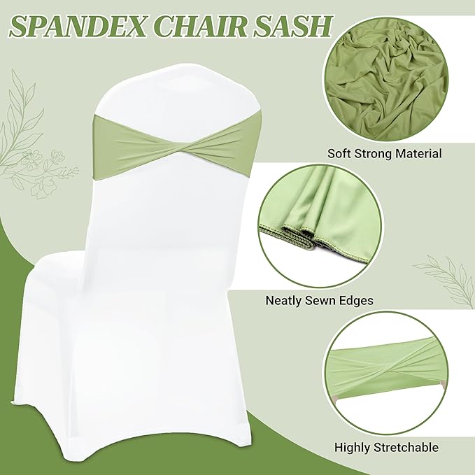 MDS Pack of 200 Spandex Chair Sashes Bows Elastic Stretch Dining Chair Bands Ties Without Slider Buckle Universal fits for Wedding Baby Shower Birthday Party Banquet Event Decoration - Sage Green