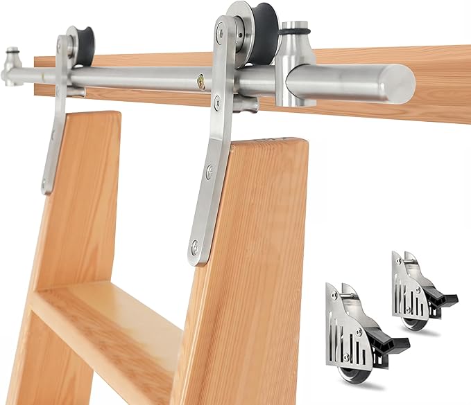 DIYHD 8FT Stainless Steel Sliding Library Ladder Hardware Kit, Bottom Wheel with Brake,300 lbs Capacity, Satin Finish (No Ladder)