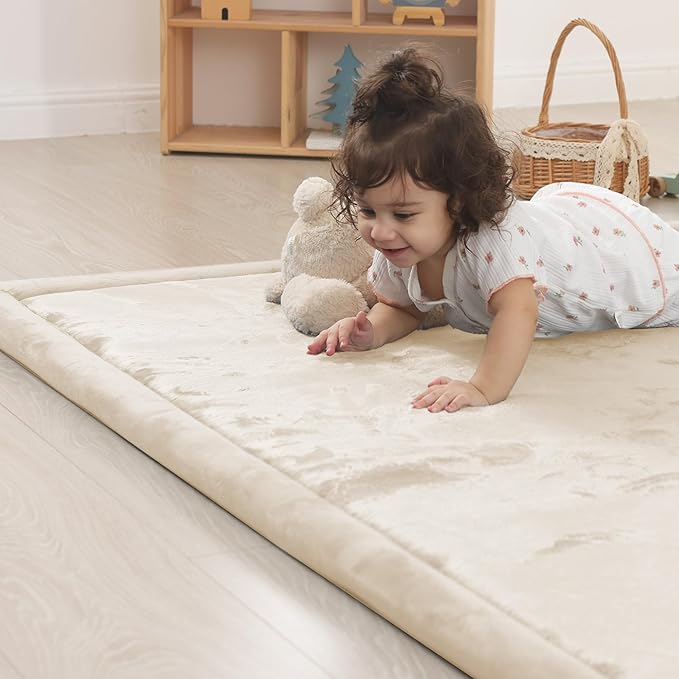 1.5" Thick Padded Baby Play Mat for Floor Tummy Time, Pro Soft Foam Activity Playroom Playmats, Easy Care with Non-Slip Safe for Infant Toddler Kids Crawling 39"x 59" (Beige)