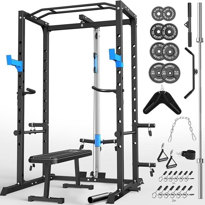 ULTRA FUEGO Power Cage, Multi-Functional Power Rack with J-Hooks, Dip Handles, Landmine Attachment and Optional Cable Pulley System for Home Gym