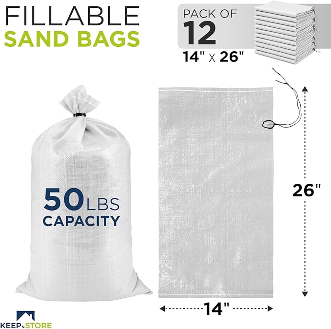 Heavy Duty Sand Bags Pack of 12, White Empty Sandbags with Built-In Ties, Woven Polypropylene UV Protection 1600 Hours, Fillable Bags for Flood Control, Weight, 14x26 inches, 50 Pounds Volume