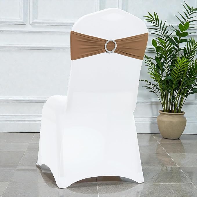 MDS Pack of 200 Spandex Chair Sashes Bows Universal fits Elastic Stretch Chair Bands Ties with Buckle Slider Bow for Wedding Decoration Spandex Slider Sashes Bow - Mocha